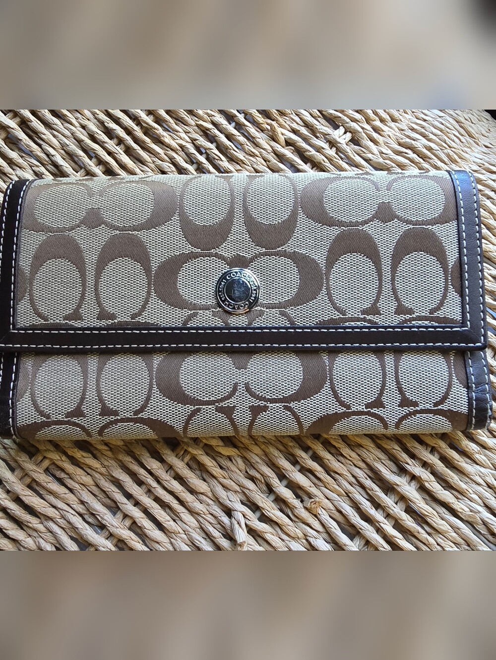 Coach Signature Canvas Trifold Wallet in Beige and Brown with Embossed Snap EUC